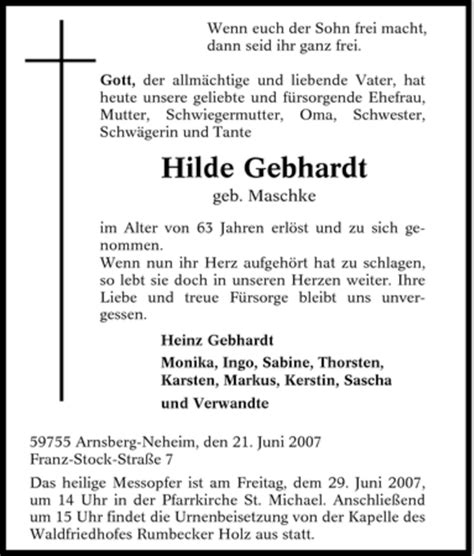 Traueranzeigen Von Hilde Gebhardt Trauer In Nrw De