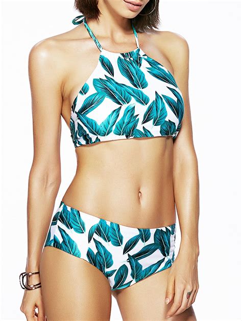 Off Chic Women S Halter Backless Leaf Print Bikini Rosegal