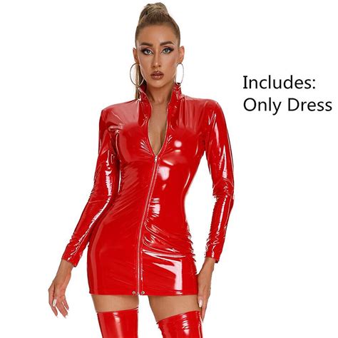 Women Sexy Faux Leather Dress Shiny Wetlook Pvc Latex Sheath Bag Hip