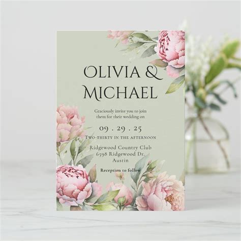 Elegant Pink Blush Peonies Floral Wedding Invitation Floral Wedding