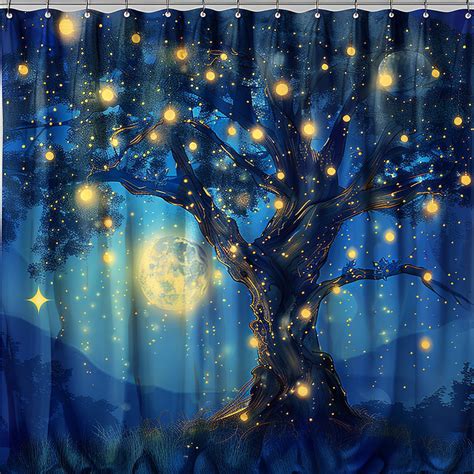 Enchanting Fantasy Tree Shower Curtain With Glowing Fireflies Stars And