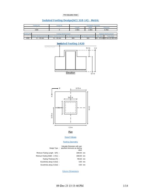 Isolated Footing Design Aci 318 14 Metric Elevation Pdf Civil