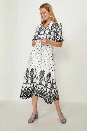 Coast Mono Broderie Detail Midi Dress Black White Dresses