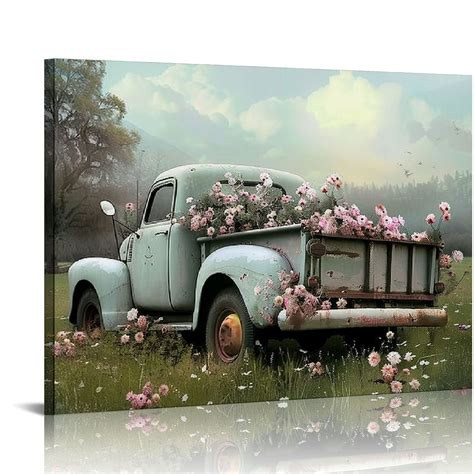 Pikweek Farmhouse Truck Canvas Wall Art Old Car And Pink Flower Picture