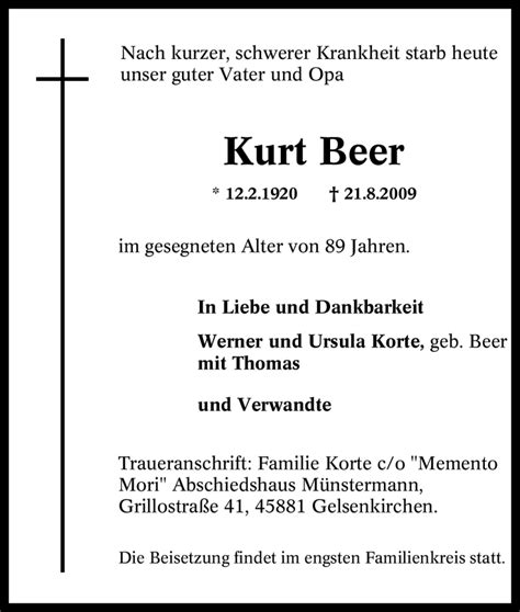 Trauer Und Todesanzeigen Von Kurt Beer Trauer De