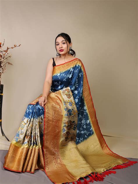 Buy Online Pure Soft Silk Saree With Floral Kalamkari Print Rich