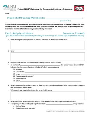 Fillable Online Echo Unm Project ECHO Planning Worksheet For Fax