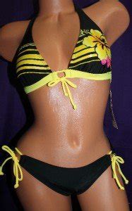 S Hobie Swimwear Padded Halter Bikini Swim Suit Black Yellow Pink