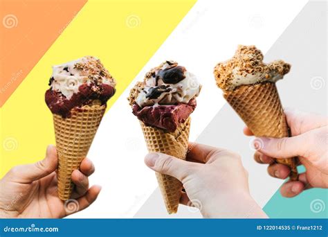 A Group Of People Or Friends Holding Ice Cream In Their Hands On A