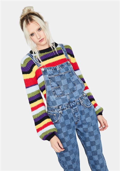 Flair Up Checkered Denim Overalls Dolls Kill