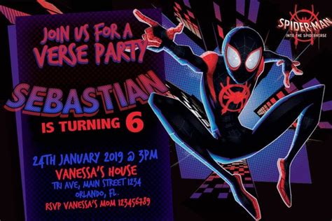 Spiderman Into The Spider Verse Digital Invitation Birthday Party