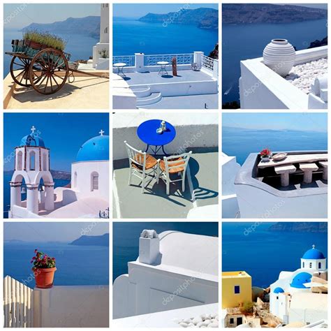 Travel photo collage with detail of greek architecture and Aegea Stock ...