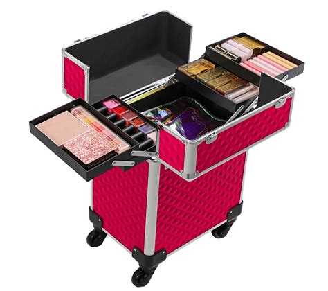 Valise De Maquillage Professionnel Mallette À Cosmétique 4 Roulettes 4 Plateaux Rouge