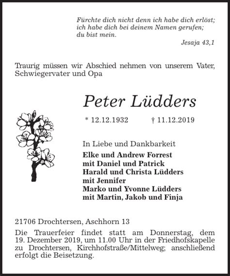 Peter Lüdders Traueranzeige Stader Tageblatt