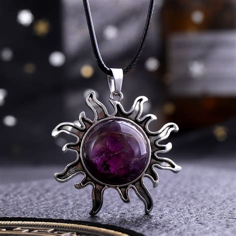 Round Stone Amethyst Green Turquoise Sun Pendant Necklace Temu United