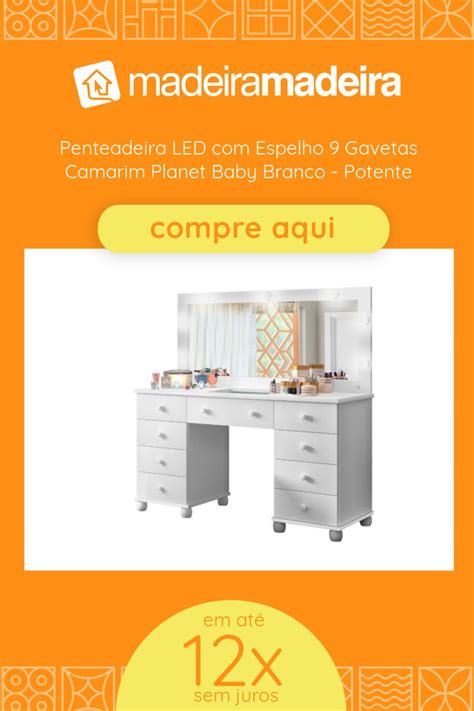 Penteadeira Led Espelho Gavetas Camarim Planet Baby Branco