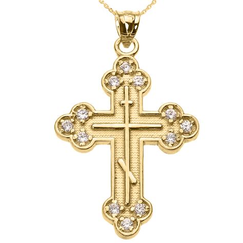 Yellow Gold Diamond Eastern Orthodox Russian Cross Pendant Necklace