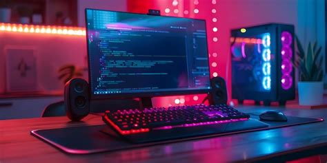 Premium Photo | A coders setup glows with neon lights computer monitor ...