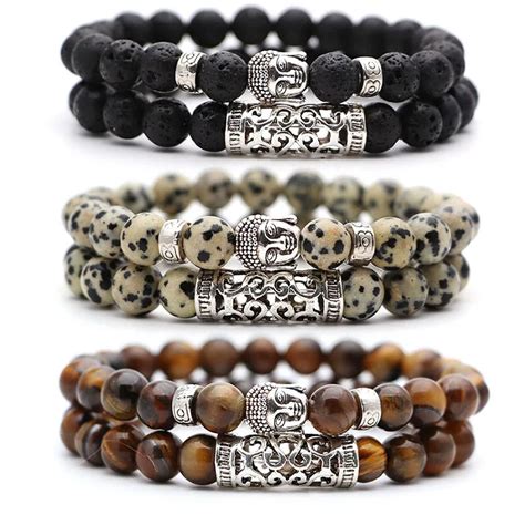 Pcs Set Black Lava Stone Prayer Beads Buddha Men Bead Bracelet Beaded