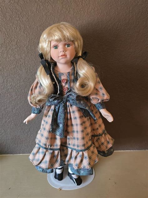 Vintage Blonde Porcelain Doll In Plaid Dress With Stand EstateSales Org