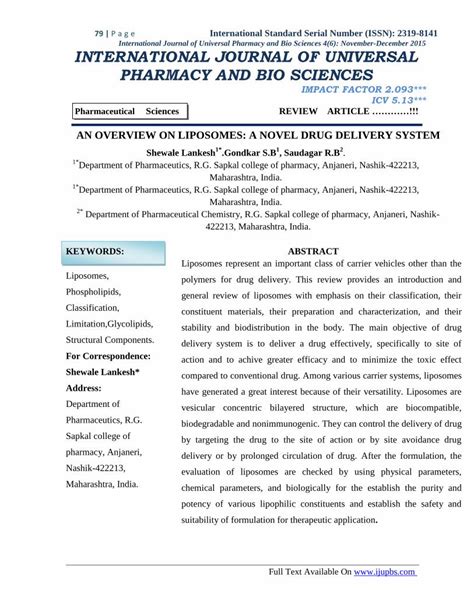 Pdf An Overview On Liposomes A Novel Drug Delivery System