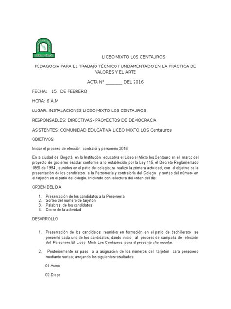 Actas Gobierno Escolar Terminar Pdf Elecciones Votación