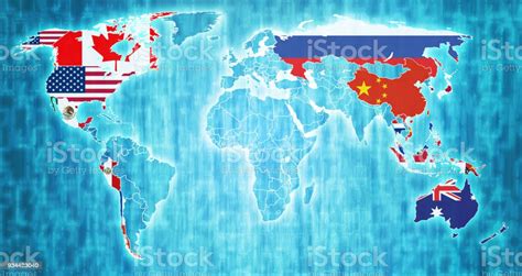 Asiapacific Economic Cooperation Member Countries Flags On World Map Stock Illustration