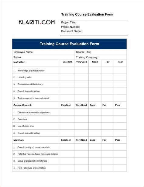 Free Training Course Evaluation Form Template Printable Templates