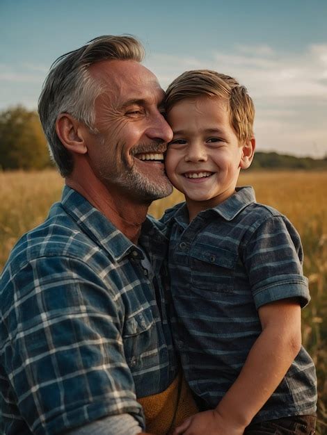 A Father And Son Smiling In A Field With The Sun Behind Them Premium