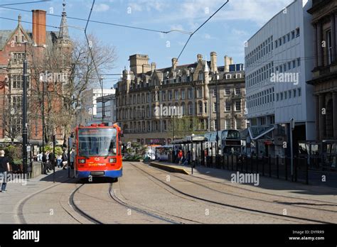 Sheffield Supertram at the cathedral tram stop. Sheffield city centre England. Urban public ...