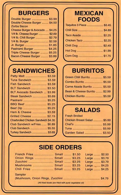 Menu At Zorbas Charbroiled Burgers Restaurant Bakersfield