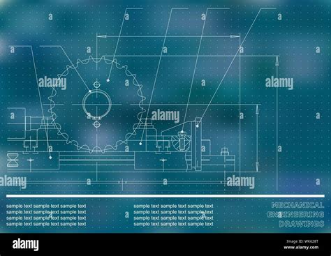 Dibujos Mecánicos Sobre Un Fondo Azul Y Blanco Ilustración De Ingeniería Vector Puntos Imagen