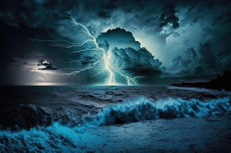 Premium Photo A Picture Of A Dark And Stormy Sea With Lightning Above It