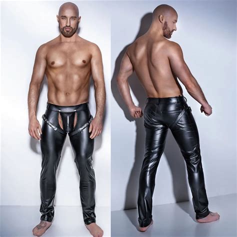 Sexy Men Skinny Faux Pu Leather Pants Shiny Black Trousers Nightclub