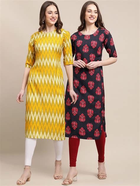 Buy Kalini Womens Crepe Yellow And Black Color Ethnic Motif Printed Straight Kurta Pack Of 2