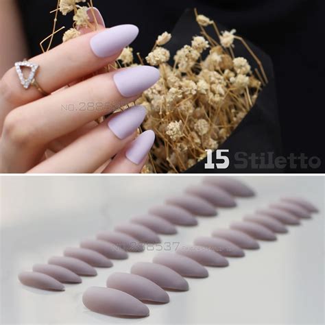 Faux Ongles Stiletto Mat Bleu Clair Violet Moyen 24 Pièces Pointes Complètes Faciles à