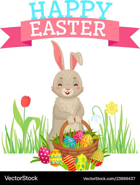 Easter Greeting Card Cute Bunny Colorful Eggs Vector Image