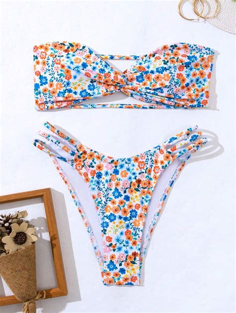 SHEIN Swim Mod Bloemen Dames Bikini Sets Uitgeknipt Twist SHEIN Nederland