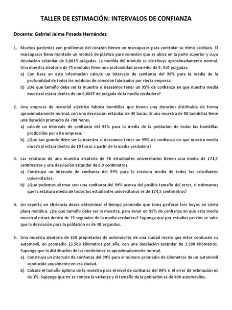 Ejercicios Intervalo De Confianza Y Tamaño De Muestra 2 Pdf