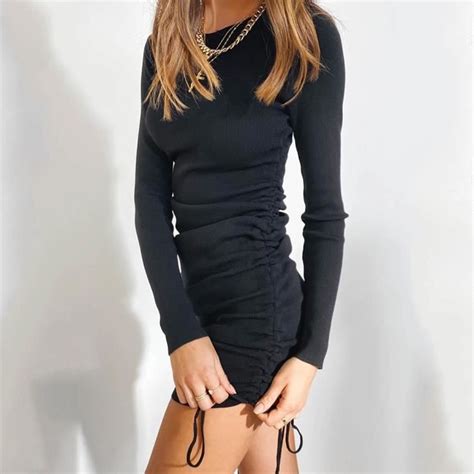 Robe SVOKOR Mini robe froncée noire à cordon de serrage pour femme