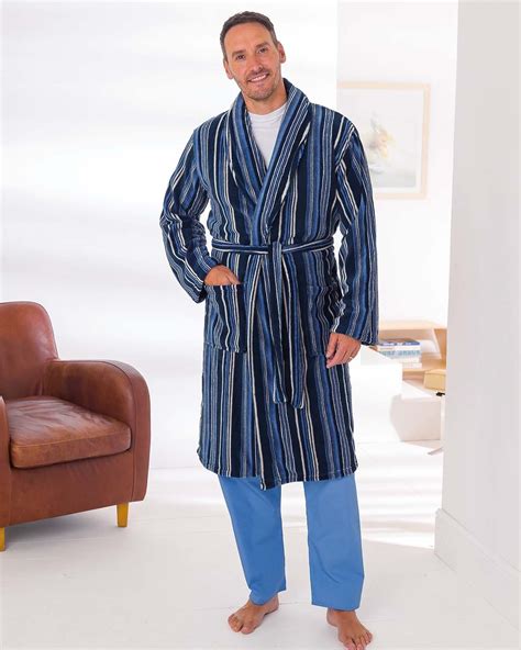 Mens Blue Striped Fleece Dressing Gown Country Collection