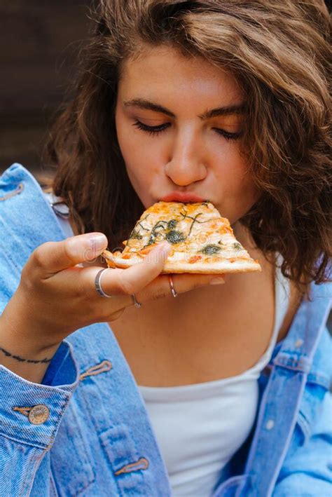 Pizza Time Pretty Smiling Woman Eating Pizza In The Restaurant Stock