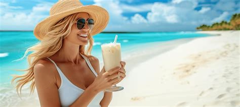 Premium Photo Sunny Summer Day Beautiful Woman Drinking Pina Colada On Tropical Beach With