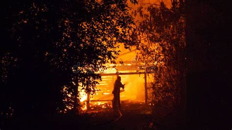 Fire Village House At Night A Big Fire Swept Through The Whole