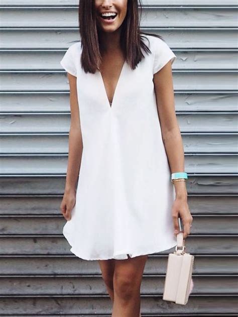 White Deep V Neck Shift Dress Business Casual Dresses Casual Dresses