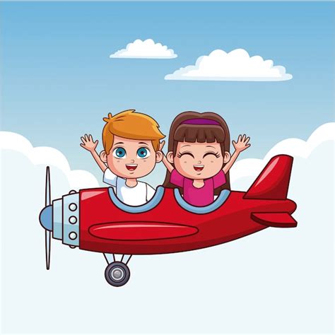 Niños Lindos Volando En Avión En El Cielo Vector Premium