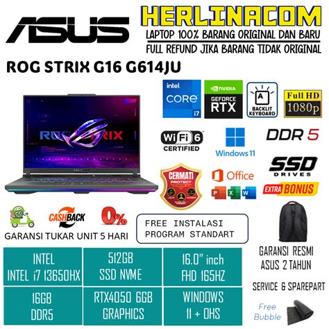 Jual Laptop Asus Rog Strix G16 G614ju Intel I7 13650hx Rtx4050 6gb 16gb 512gb Ssd Windows 11