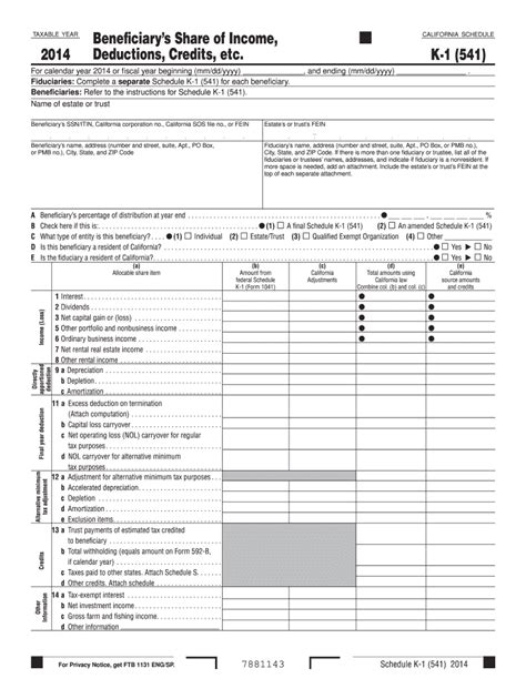 Ca Ftb 541 Schedule K 1 2014 Fill Out Tax Template Online Us