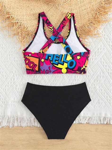 Chica Preadolescente Ba Ador Bikini Con Estampado De Letra Con Tira