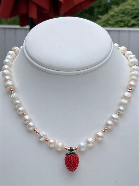 Rhinestone Strawberry Necklace Freshwater Pearls Fruit Etsy